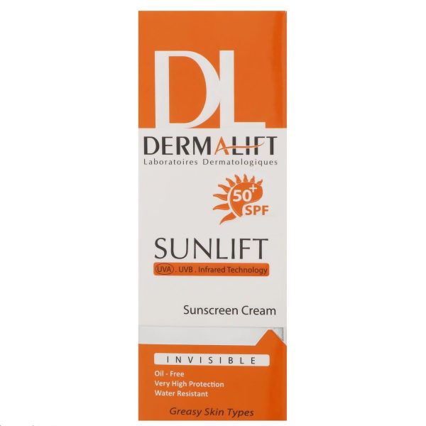 کرم ضد آفتاب بدون رنگ درمالیفت مدل SPF50 محافظ UVA ،UVB، ضد آب، مناسب پوست چرب حجم 40 میلیلیتر